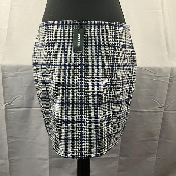 Express Skirt Womens Medium Blue Black White Plaid Houndstooth Pull On Career - Picture 4 of 16